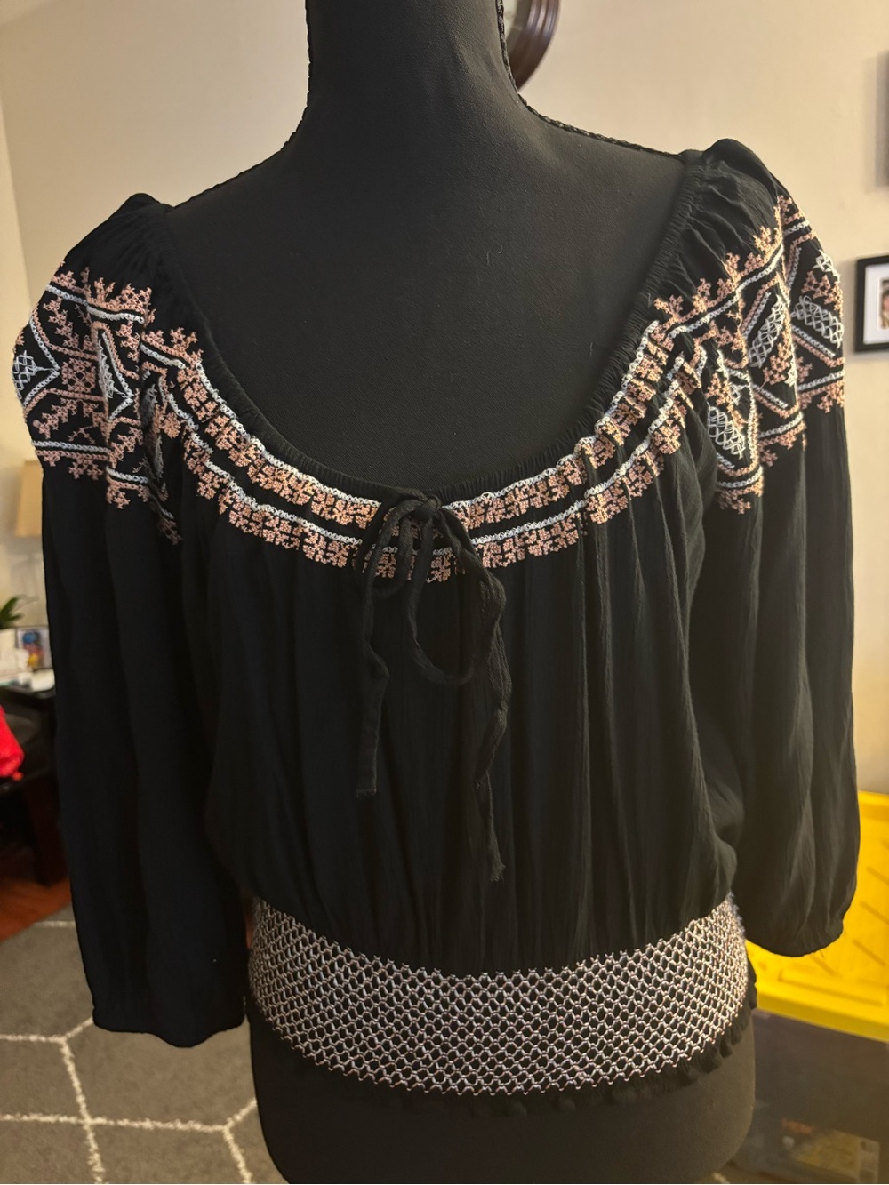 American Eagle Outfitters Black Peasant Top with Pink & White Embroidery